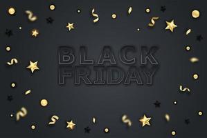 zwarte vrijdag verkoop poster met gouden ster, bal en lint. zwarte vrijdag verkoop vector sjabloon