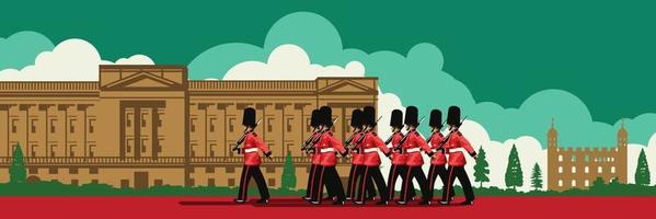 Engelse soldaat loopt parade voorkant van Buckingham Palace naar bescherming, silhouetontwerp vector