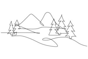 berglandschap getekend in één lijn. ononderbroken lijn. minimalistische reizen graphics. bergen en sparren vector