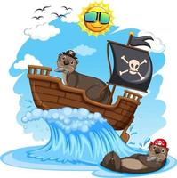 otters op piratenschip met oceaangolf vector