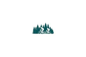 fiets of fiets met dennen ceder conifer spar groenblijvende boom bos voor sport club logo ontwerp vector