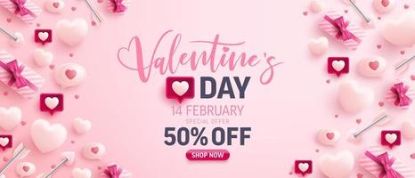 Valentijnsdag verkoop banner voor sociale media website met zoete hartjes, tekstballon en Valentijn elementen op roze background.promotion en winkelen sjabloon voor liefde en Valentijnsdag concept. vector