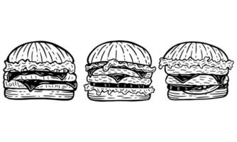 set handgetekende hamburgers kaas bak kip fastfood verpakking menu café restaurants illustratie vector