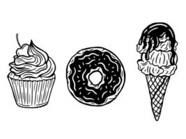 set donuts ijs cake hand getrokken voedsel dessert gebakjes menu café restaurants illustratie vector