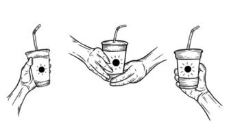 set hand getrokken vasthouden koffie room drank dessert winkel glas beker menu café restaurants illustratie vector