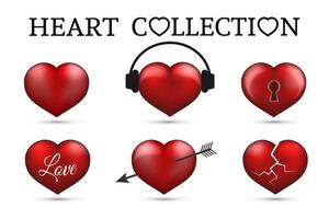 rode hart collecties. set van zes realistische harten geïsoleerd op een witte achtergrond. 3D-pictogrammen. Valentijnsdag vectorillustratie. liefdesverhaal symbool. gemakkelijk te bewerken ontwerpsjabloon. vector