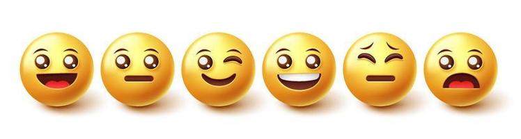 emoji tekens vector set. emoticons blije, vrolijke en droevige uitdrukking in geel gezichtselement voor gezichtscollectie geïsoleerd op een witte achtergrond. vectorillustratie.