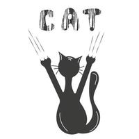 zwarte kat krassen op de muur, concept met getextureerde belettering en klimmen kat geïsoleerd op een witte achtergrond. vector illustratie