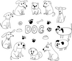 honden pictogramserie. hand getrokken doodle. , scandinavisch, noords, minimalisme, zwart-wit. huisdier, dier schattig grappig kom eten bal voetafdrukken poten belettering vector
