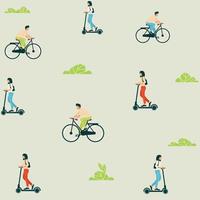 naadloos patroon met vrouwen op elektrische scooters. fietsers. een man op een fiets, een man op een fiets. jonge vrouw rijdt op een kick scooter. naadloos patroon. vector. patroon vector