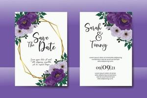 bruiloft uitnodiging frame set, bloemen aquarel digitale hand getekende paarse pioen bloem ontwerp uitnodiging kaartsjabloon vector