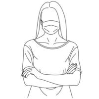 illustratie lijntekening van een jonge vrouw die ziek is en medische gezichtsmaskers draagt ter bescherming tegen ziekten, luchtvervuiling, coronavirus, sars, kiem, griep of mers-cov. meisje met gezichtsmaskers die naar de camera kijken vector