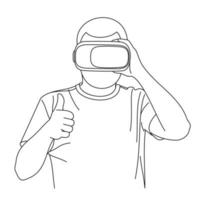 illustratie lijntekeningen een jonge man gebruikt een virtual reality-bril bij het spelen van games. een man toont een goed teken met een virtual reality-helm met shirt of kleding op een witte achtergrond vector