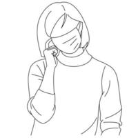 illustratie lijntekening van een jonge vrouw die ziek is en medische gezichtsmaskers draagt ter bescherming tegen ziekten, luchtvervuiling, coronavirus, sars, kiem, griep of mers-cov. meisje met gezichtsmaskers die naar de camera kijken vector