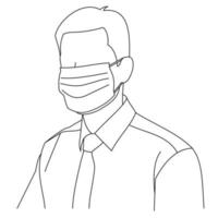 illustratie lijntekening van een jonge man ziek met medische gezichtsmaskers om te beschermen tegen ziekten, luchtvervuiling, coronavirus, sars, kiem, griep of mers-cov. meisje met gezichtsmaskers die naar de camera kijken vector
