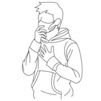 illustratie lijntekening van een jonge man die zich onwel voelt en hoest als symptoom voor verkoudheid, kortademigheid, pijn in de keel of bronchitis. een man hoest in zijn vuist geïsoleerd op een witte vector