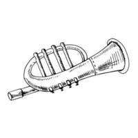 een handgetekende ink schets van een vintage muzikale trompet. muzikaal trompet speelgoed. overzicht op een witte achtergrond, vintage vectorillustratie. vector