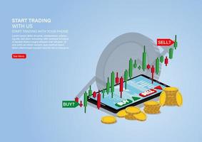 kandelaargrafiek van aandelenverkoop en -koop met behulp van mobiele telefoons, handel in marktinvesteringen, vectorillustratie vector