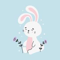 schattig lachend konijn onder bloemen platte vectorillustratie. baby gelukkig dier met kleurrijke bloeiende plant. vector