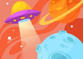 banner met vliegende schotel en planeten. vector