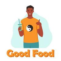 een jonge man drinkt een smoothie, vers sap, een cocktail. het concept van goede voeding, gezonde levensstijl. platte cartoon afbeelding. vector