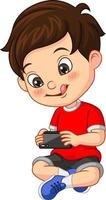 cartoon kleine jongen met mobiele telefoon vector