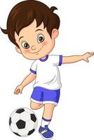 cartoon kleine jongen aan het voetballen vector