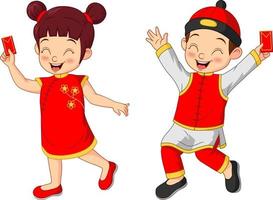 cartoon chinese kinderen houden een envelop vast vector
