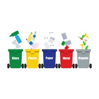 gekleurde vuilnisbakken blauwrood met metaal, papier, plastic, glas en organisch afval dat geschikt is voor hergebruik, vermindert de recyclage. afval sorteren afval vector