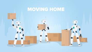 bewegende huisbanner. verhuizen naar een nieuwe plek. een witte robot houdt een doos vast. kartonnen dozen. het concept van de toekomst, levering en laden van goederen met behulp van robots. vector. vector