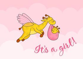 een ansichtkaart voor een pasgeborene. grappige vliegende giraf. hallo schat. gefeliciteerd met de geboorte van een kind. geboortecertificaat. Hallo Wereld. vector