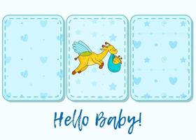 set van 3 patronen en belettering. een ansichtkaart voor een pasgeborene. grappige vliegende giraf. hallo schat. gefeliciteerd met de geboorte van een kind. geboortecertificaat. Hallo Wereld. vector
