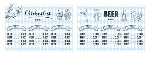 oktoberfest 2022 - bierfestival. handgetekende doodle elementen. Duitse traditionele vakantie. oktoberfest, ambachtelijk bier. blauw-witte ruit. horizontale bierkaart. vector