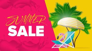zomertijd verkoop. ligstoel en parasol met gele strepen geïsoleerd op een witte achtergrond. palmbomen en roze flamingo-zwemcirkel. vector illustratie