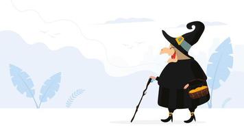 een heks in een zwart gewaad loopt door het bos. heks met een hoed. geschikt voor ontwerpen met een halloween-thema. geïsoleerd. vector. vector