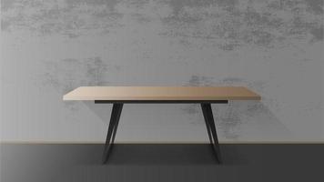 houten tafel met zwart metalen onderstel. lege tafel, grijze, betonnen muur. vector illustratie
