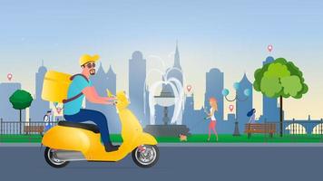eten bezorgen op een scooter. een man met een gele rugzak rijdt door het park. gele bromfiets. het concept van voedselbestellingen en bezorging. vector illustratie