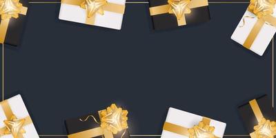zwarte achtergrond met geschenken en plaats voor tekst. realistische geschenkdozen met gouden linten en strik. vectorillustratie. vector