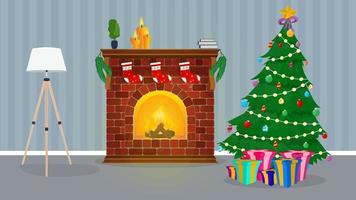 nieuwjaarskamer in vintage stijl. kerstboom, geschenken, open haard, fauteuil, retro-stijlkamer. vector. vector