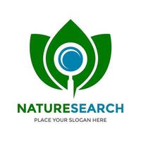 natuur zoeken vector logo sjabloon. dit ontwerp gebruikt bladsymbool en vergrootglas. geschikt voor zoekeromgeving.