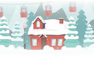huis in een besneeuwd bos. kerstbomen, bergen, sneeuw, kabelbaan of kabelbaan. vectorillustratie. vector