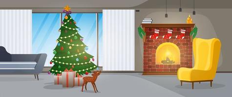 Nieuwjaar. een kamer met een open haard, een kerstboom en geschenken. vector. vector