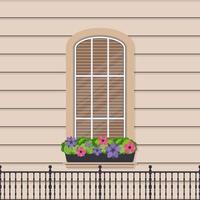 halfronde venster met bloemen in een vlakke stijl. raam met luiken. vector. vector