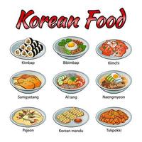 set van heerlijk en beroemd Koreaans eten in kleurrijk verloopontwerppictogram vector