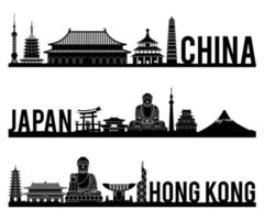 china japan hong kong beroemde bezienswaardigheid silhouet stijl met zwart-wit klassieke kleur ontwerp omvatten op naam van het land vector