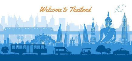 Thailand beroemde bezienswaardigheid in landschapsontwerp blauwe kleur silhouet ontwerp vector