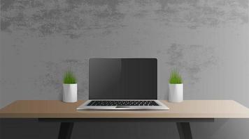 open laptop met een zwart scherm. moderne laptop op een houten tafel. tafel, desktop groene planten, een werkplek in loftstijl. realistische vectorillustratie. vector
