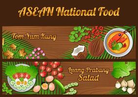 asean nationale voedselingrediënten elementen instellen banner op houten achtergrond, thailand en loas vector