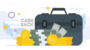 cashback-concept. grote koffer. dollars, bundels geld, gouden munten. het concept van succesvol zakendoen, inkomsten en rijkdom. vector. vector