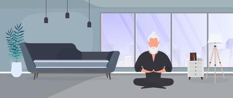 een man in een zwarte kimono mediteert. Kung Fu meester. de man doet yoga. vector. vector